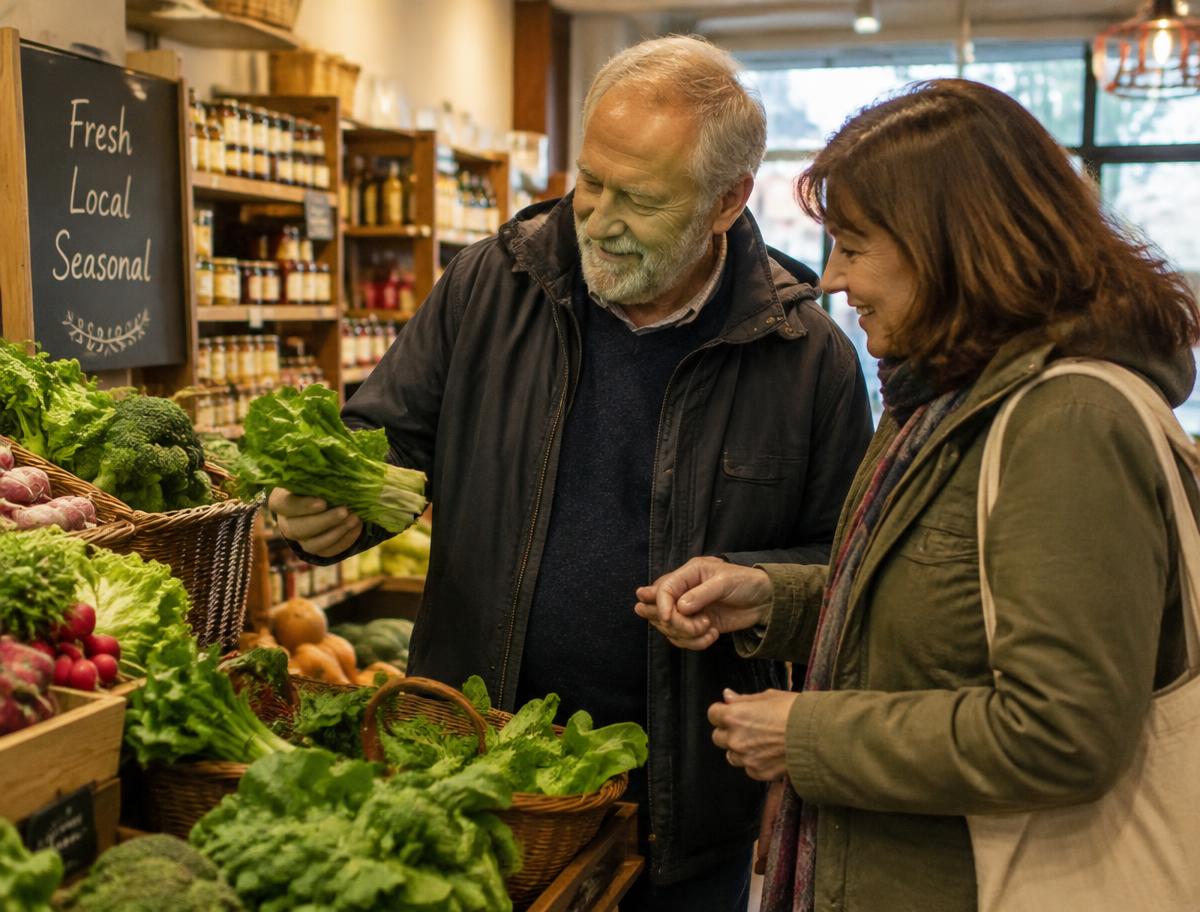 An older man and a companion choosing fresh vegetables at a local grocery store