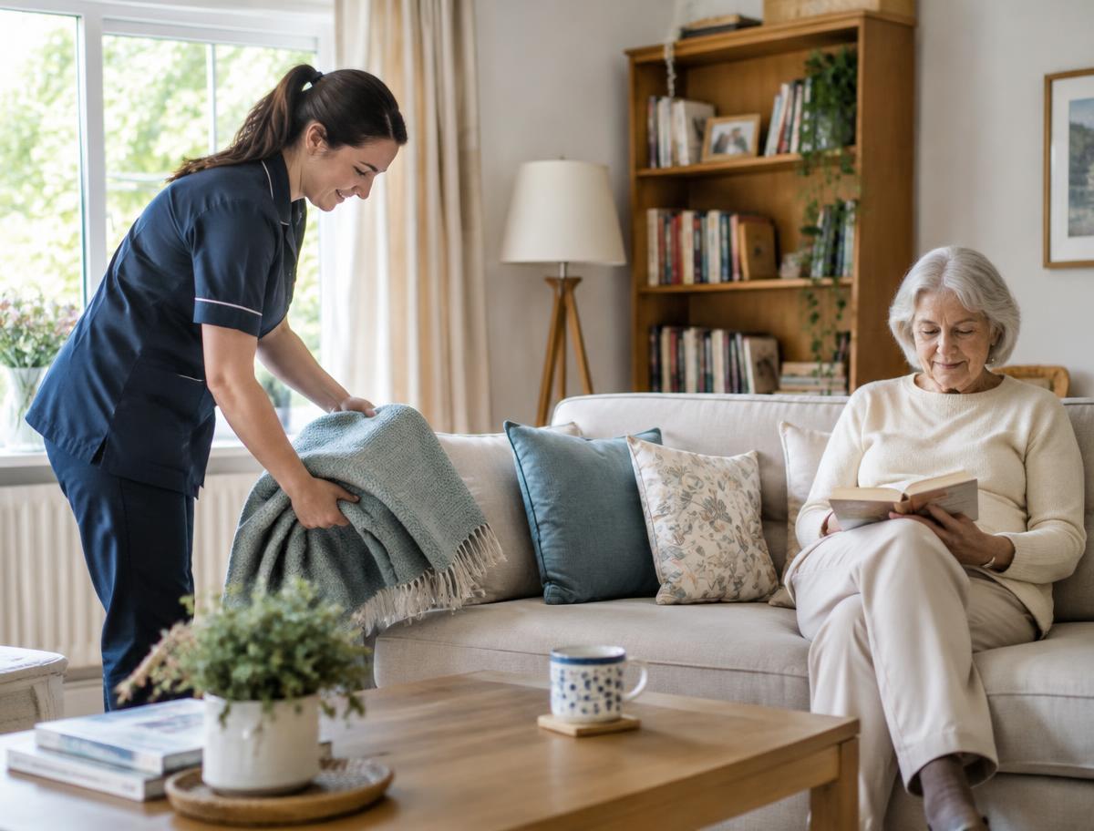 A companion folding a blanket in a bright living room while an older woman reads
